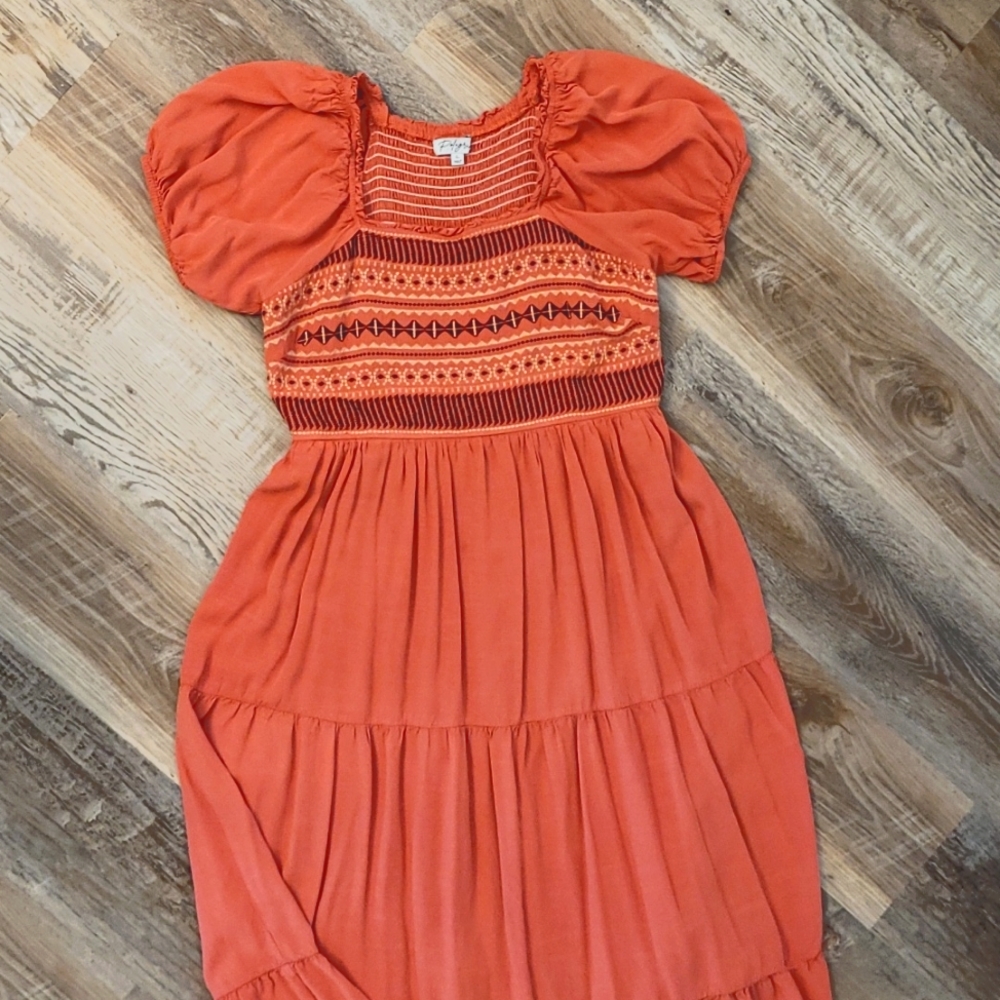 POLAGRAM | Rust Embroidered Midi Length Dress